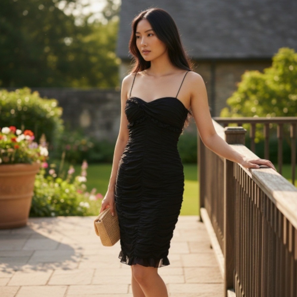 Jovani Dress Womens 8 Black Silk Ruched Spaghetti Strap Cocktail‎ Bodycon Sheath